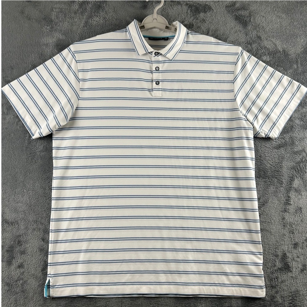 Devereux Mens XL‎ Striped Performance Golf Polo Shirt White Blue Short Sleeve